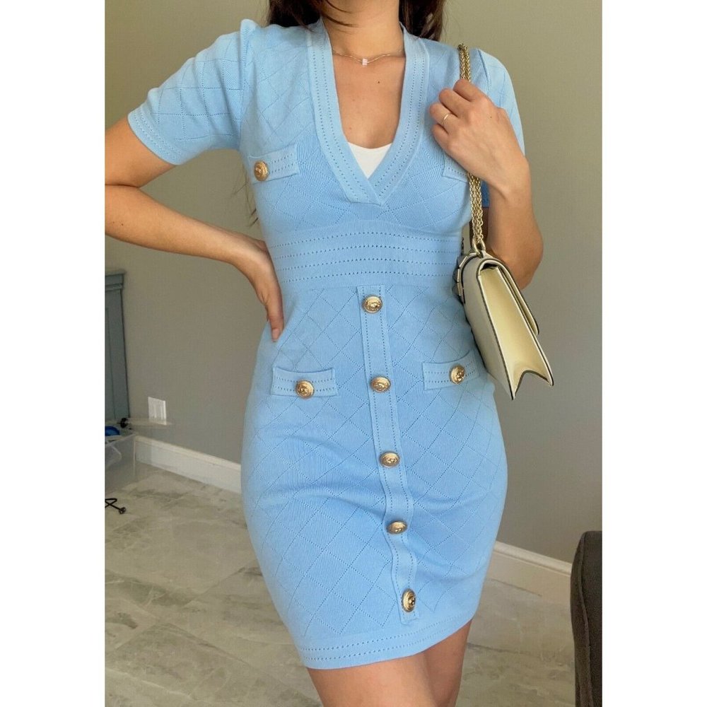 DAIMARAN Tokyo Women's Dress Bodycon Light Blue Short Sleeve With Buttons S - Picture 1 of 5